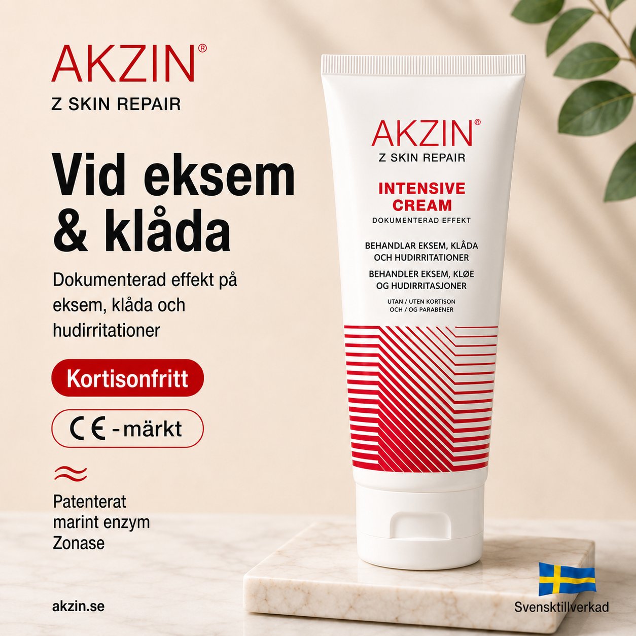 Akzin Intensive Cream, CE-märkt kortisonfri kräm vid eksem och klåda, vit tub mot ljus bakgrund